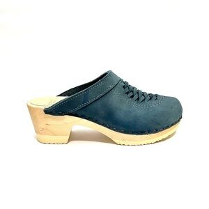 Vintage Y2K deadstock navy blue leather lattice weave wooden Swedish clogs